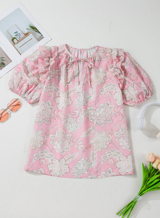 Cattleya Floral Drawstring V Neck Puff Sleeve Loose Blouse