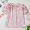  Cattleya Floral Drawstring V Neck Puff Sleeve Loose Blouse