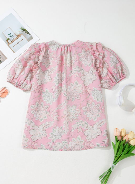 Cattleya Floral Drawstring V Neck Puff Sleeve Loose Blouse