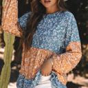  Cecilia Floral Ruffled Hem Round Neck Blouse