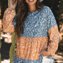 Orange Small Cecilia Floral Ruffled Hem Round Neck Blouse
