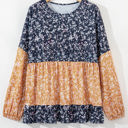 Blue Small Cecilia Floral Ruffled Hem Round Neck Blouse
