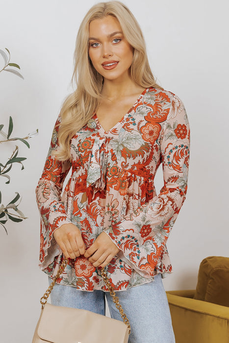 Celeste Floral V Neck Knot Bell Sleeve Blouse