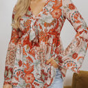  Celeste Floral V Neck Knot Bell Sleeve Blouse