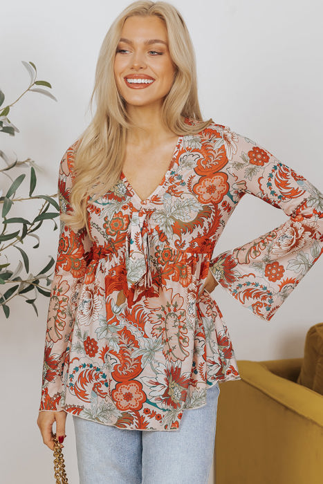 Celeste Floral V Neck Knot Bell Sleeve Blouse