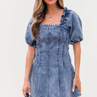 Celia Square Neck Bustier Puff Sleeve Short Denim Dress