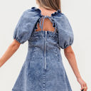  Celia Square Neck Bustier Puff Sleeve Short Denim Dress