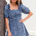  Celia Square Neck Bustier Puff Sleeve Short Denim Dress