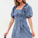  Celia Square Neck Bustier Puff Sleeve Short Denim Dress