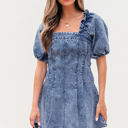 Blue XL Celia Square Neck Bustier Puff Sleeve Short Denim Dress