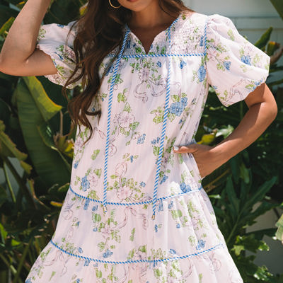 Celina Floral Striped Trim Tie Split Neck Mini Dress