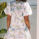  Celina Floral Striped Trim Tie Split Neck Mini Dress
