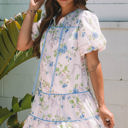  Celina Floral Striped Trim Tie Split Neck Mini Dress
