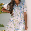  Celina Floral Striped Trim Tie Split Neck Mini Dress