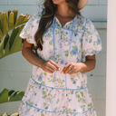 Celina Floral Striped Trim Tie Split Neck Mini Dress