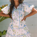  Celina Floral Striped Trim Tie Split Neck Mini Dress