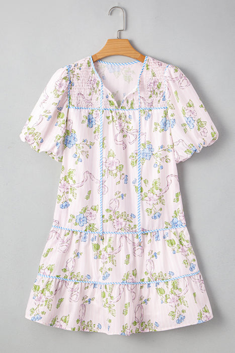 Celina Floral Striped Trim Tie Split Neck Mini Dress