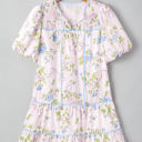  Celina Floral Striped Trim Tie Split Neck Mini Dress