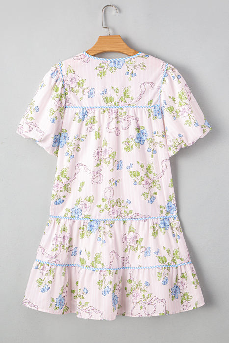 Celina Floral Striped Trim Tie Split Neck Mini Dress