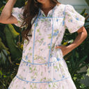 Pink XL Celina Floral Striped Trim Tie Split Neck Mini Dress