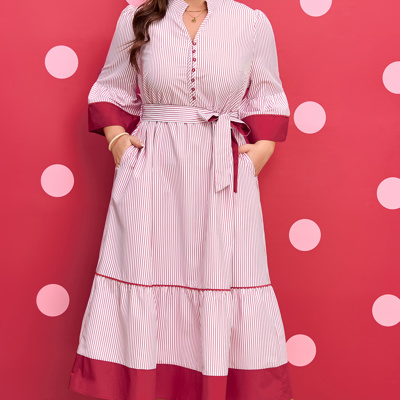 Charlee Hem Pinstriped Midi PLUS Dress