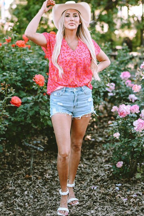 Charley Leopard V Neck Short Sleeve Blouse