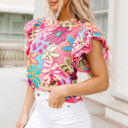  Chelsea Floral Print Trimmed Ruffle Sleeve Blouse