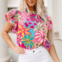  Chelsea Floral Print Trimmed Ruffle Sleeve Blouse