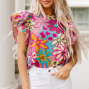  Chelsea Floral Print Trimmed Ruffle Sleeve Blouse