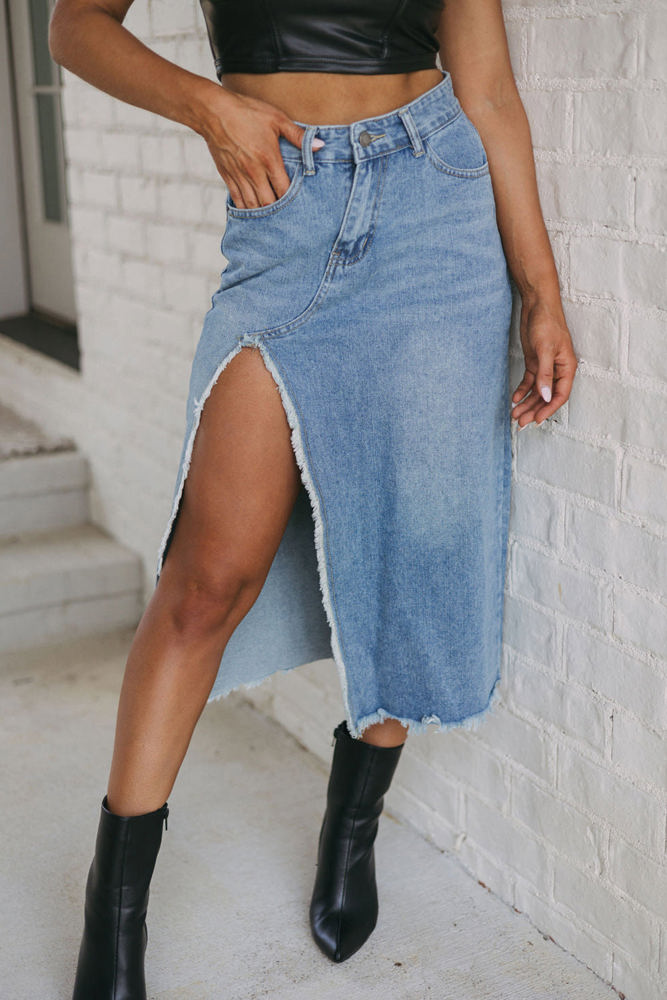 Cheyenne Frayed Slit Asymmetric Denim Midi Skirt