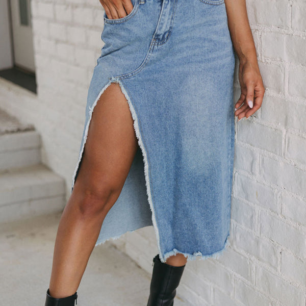 Cheyenne Frayed Slit Asymmetric Denim Midi Skirt