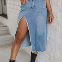  Cheyenne Frayed Slit Asymmetric Denim Midi Skirt