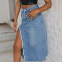  Cheyenne Frayed Slit Asymmetric Denim Midi Skirt