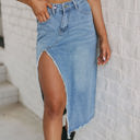  Cheyenne Frayed Slit Asymmetric Denim Midi Skirt