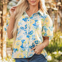 Blue XL Claira Floral Puff Short Sleeve Blouse