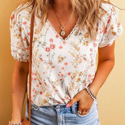 Claire Floral Lace Trim Short Sleeve Blouse