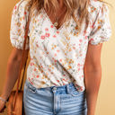  Claire Floral Lace Trim Short Sleeve Blouse