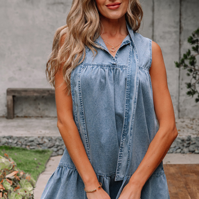 Clare Sleeveless Ruffled Chambray Dress