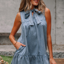  Clare Sleeveless Ruffled Chambray Dress