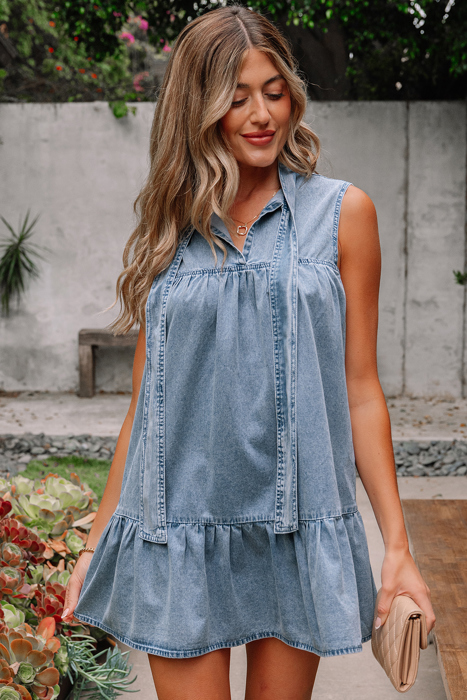 Clare Sleeveless Ruffled Chambray Dress
