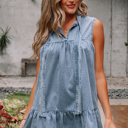 Clare Sleeveless Ruffled Chambray Dress