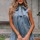 Clare Sleeveless Ruffled Chambray Dress