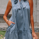  Clare Sleeveless Ruffled Chambray Dress