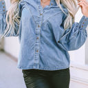 Blue Small Colette V-shape Stitching Puff Sleeve Denim Shirt