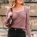 Old Rose Medium Cora Square Neck Ribbed Fit Long Sleeve Top
