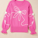  Corded Flower Bow Ribbed Trim Casual Sweater