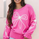Bright Pink XL Corded Flower Bow Ribbed Trim Casual Sweater