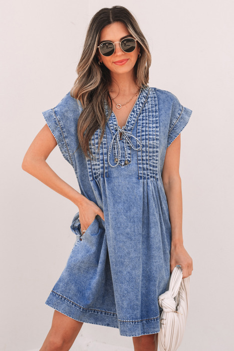 Jacqueline Tie V Neck Denim Shift Dress