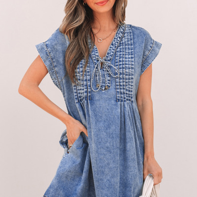 Jacqueline Tie V Neck Denim Shift Dress