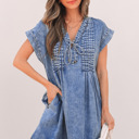  Jacqueline Tie V Neck Denim Shift Dress